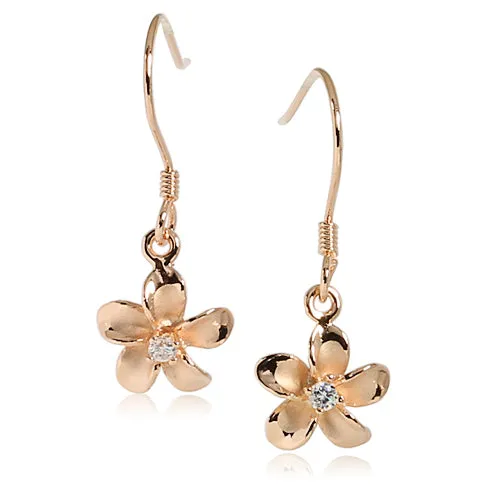 10MM Prong Setting CZ Sterling Silver Plumeria Hook Earring Pink Gold Plated