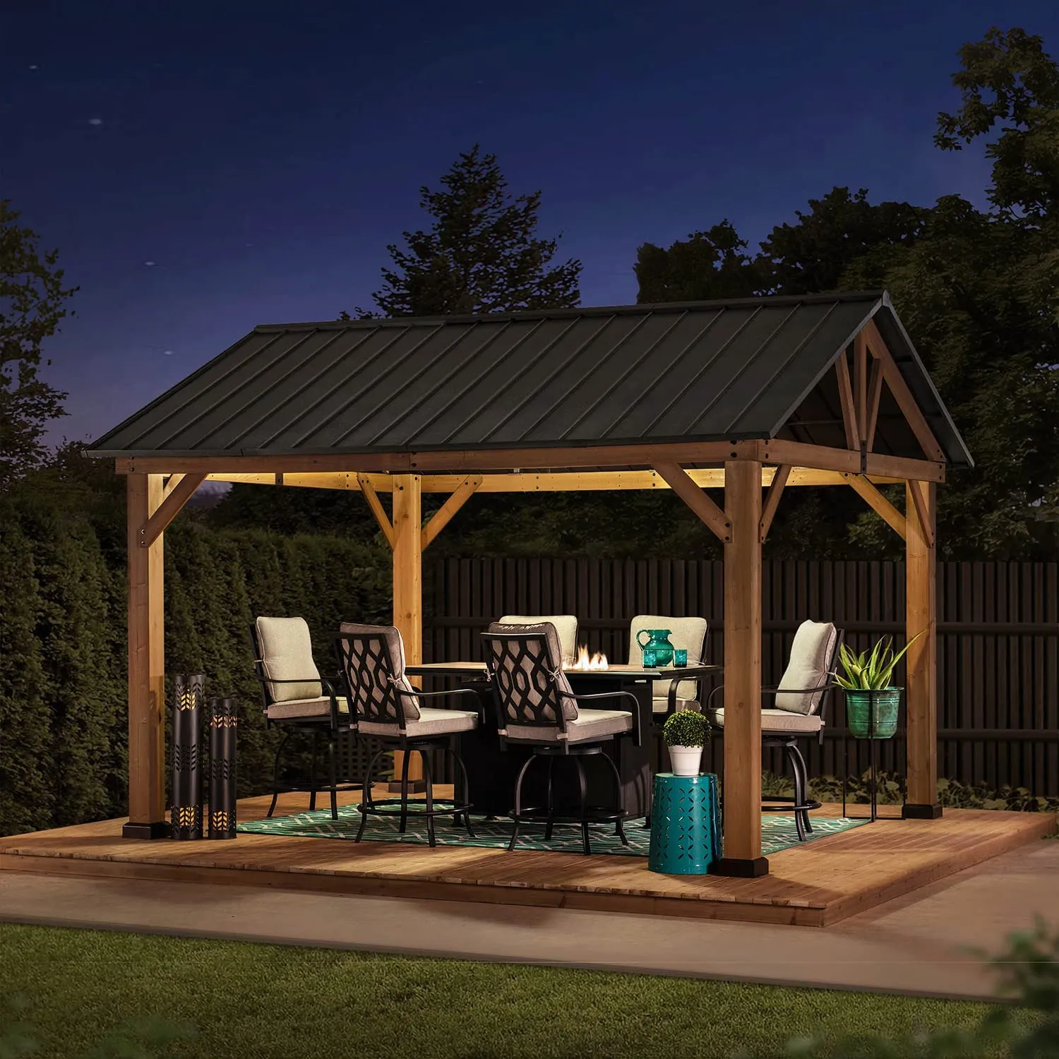 11 x 13 ft. Outdoor Patio Premium Cedar Frame Wood Gazebo with Matte Black Steel Gable Hardtop Roof