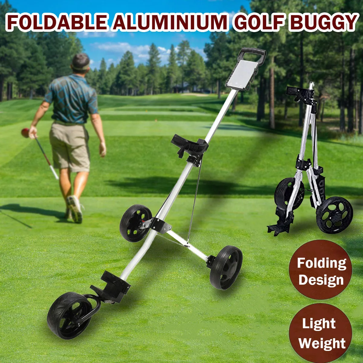 3 Wheels Foldable Aluminum Golf Club Buggy Trolley Cart Push Pull Footbrake Accessories