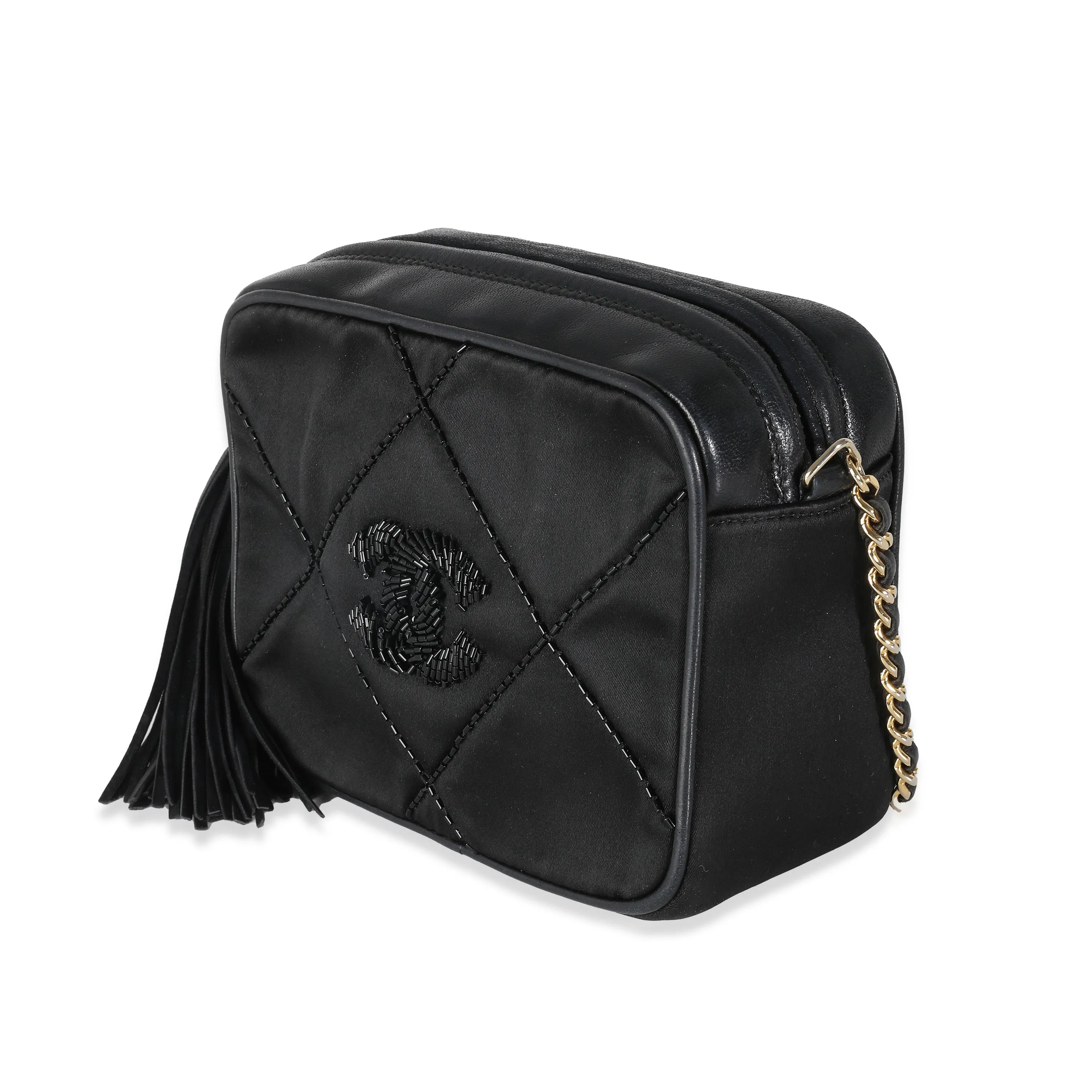 Black Quilted Satin Mini Tassel Camera Bag