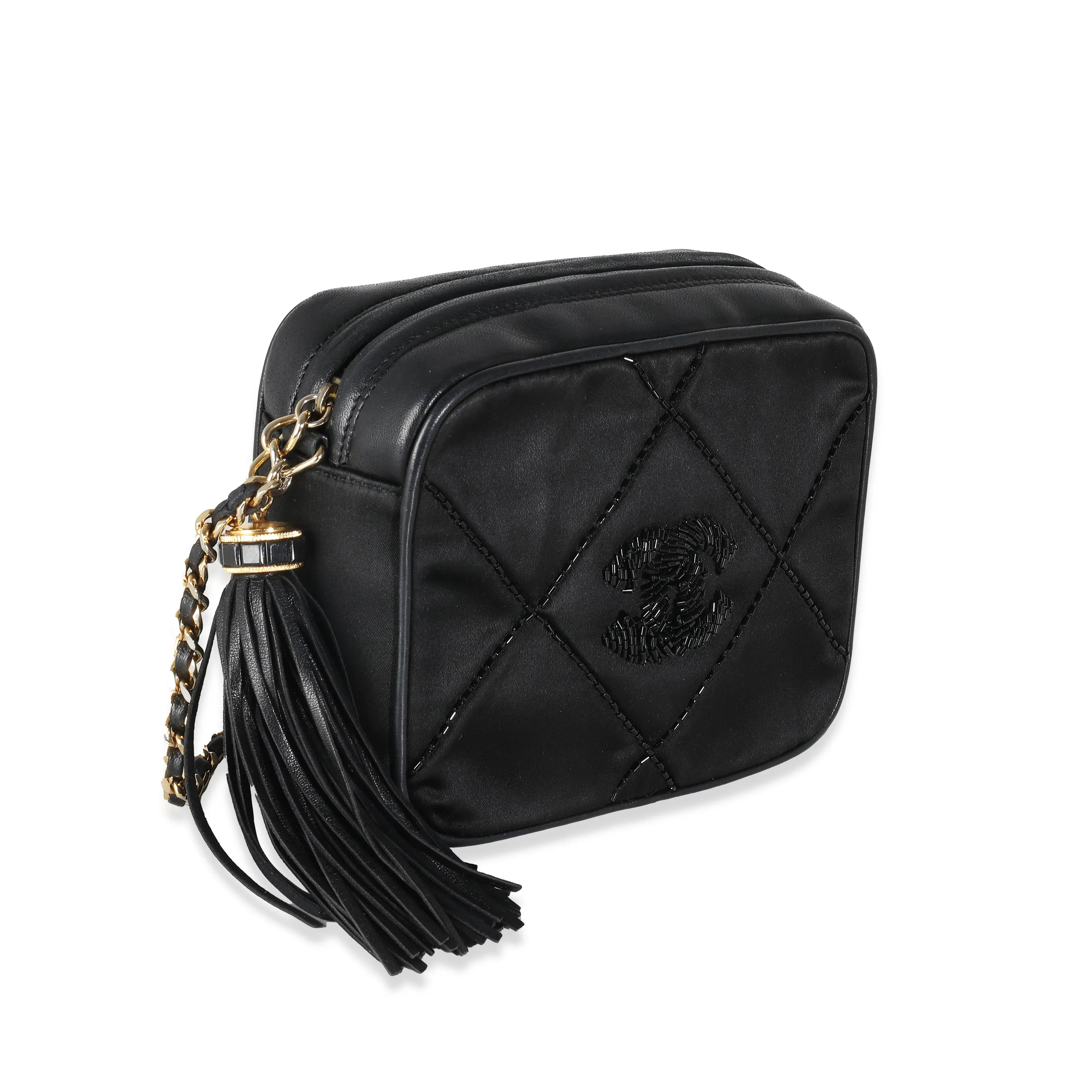 Black Quilted Satin Mini Tassel Camera Bag