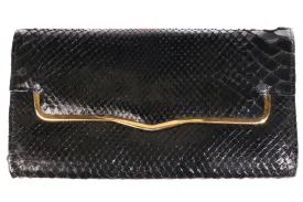 Black Snakeskin Clutch Bag with Gold Toned Edging and Long Gold Chain