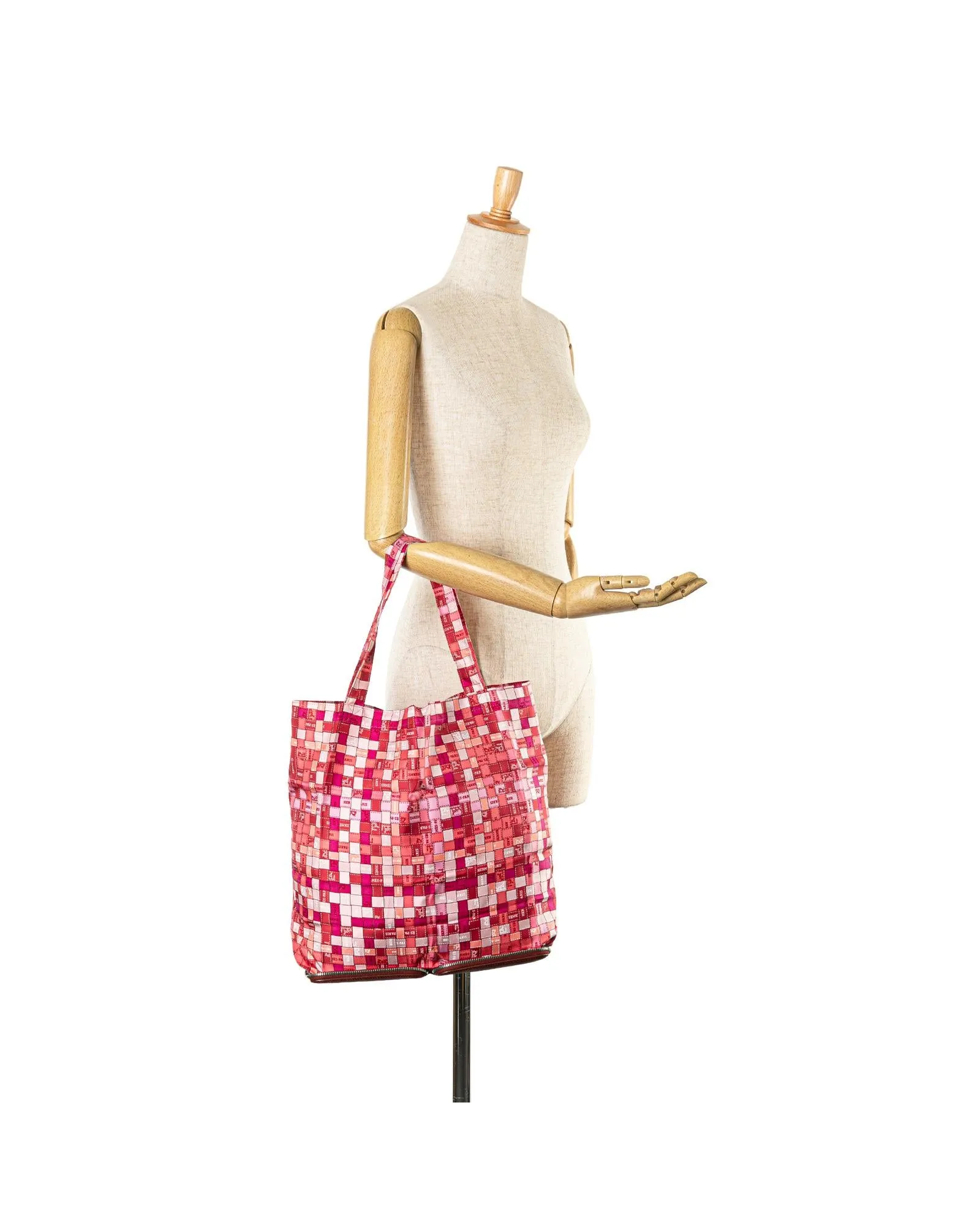 Buffle Leather and Silk Printed Foldable Tote with Zip Closure