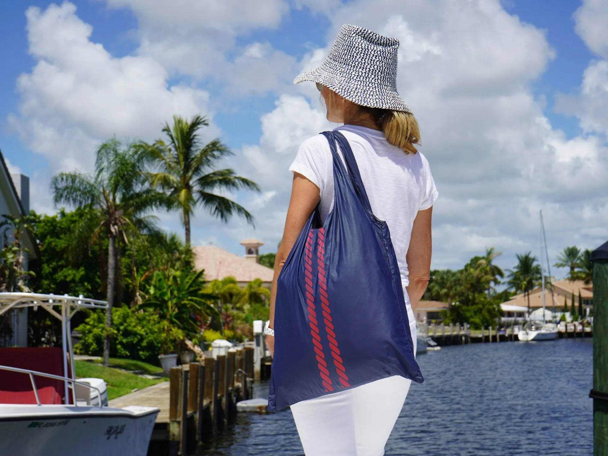 Carryall Tote Bag with Pocket in Nautical Rope Stripes in Matte Navy and Red