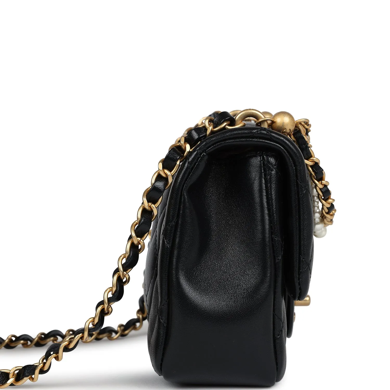 Chanel Mini Square Pearl Flap Bag Black Lambskin Brushed Gold Hardware