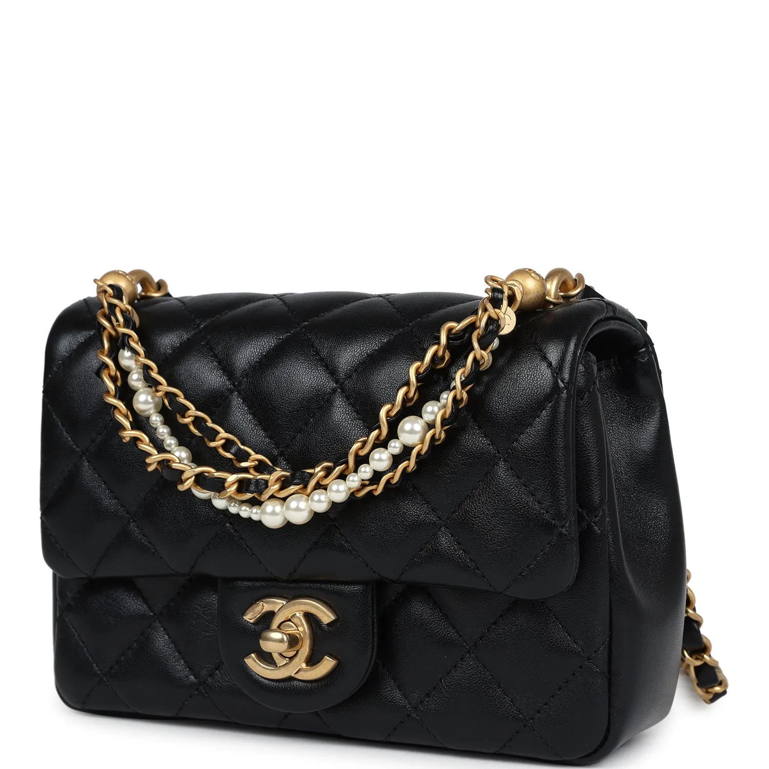 Chanel Mini Square Pearl Flap Bag Black Lambskin Brushed Gold Hardware