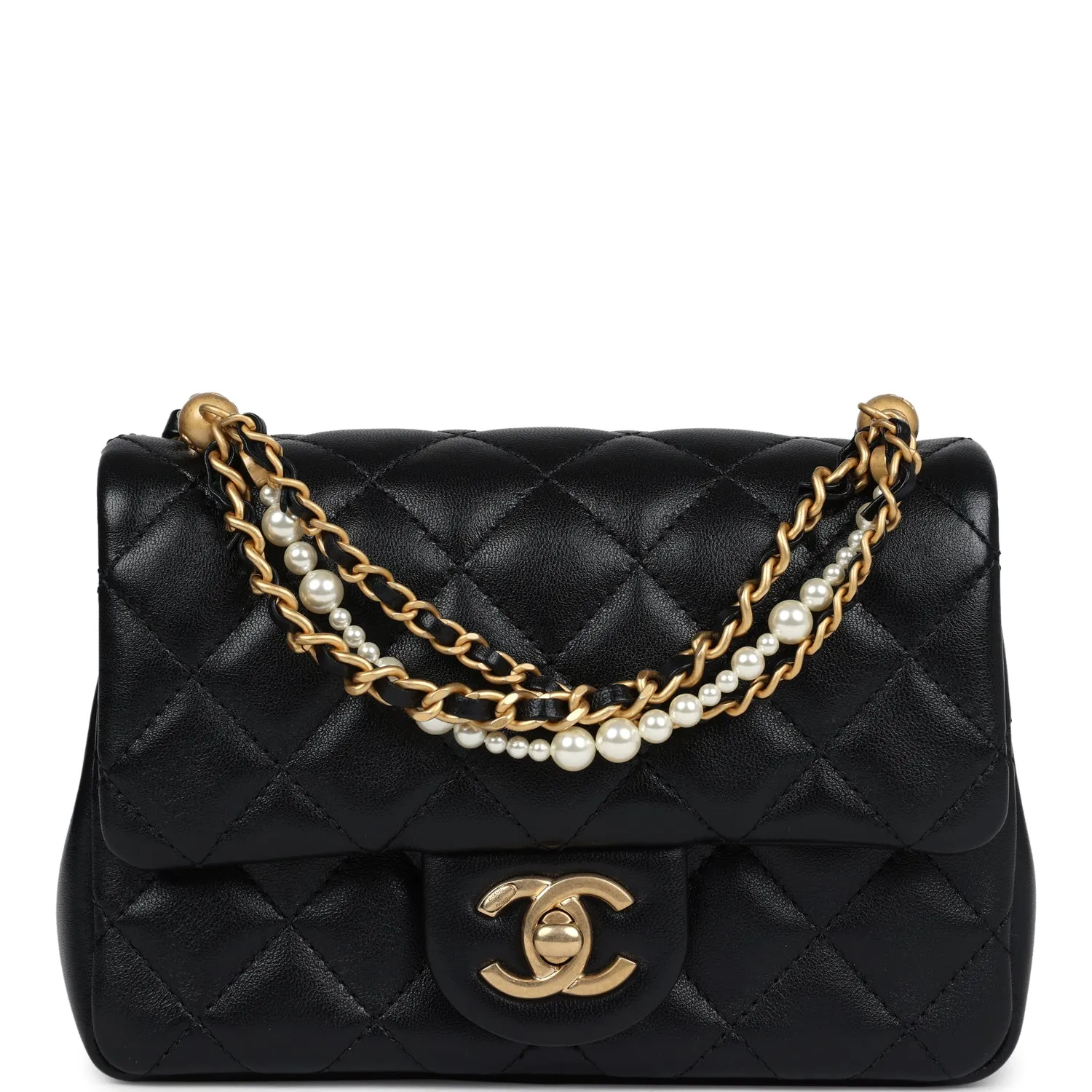 Chanel Mini Square Pearl Flap Bag Black Lambskin Brushed Gold Hardware