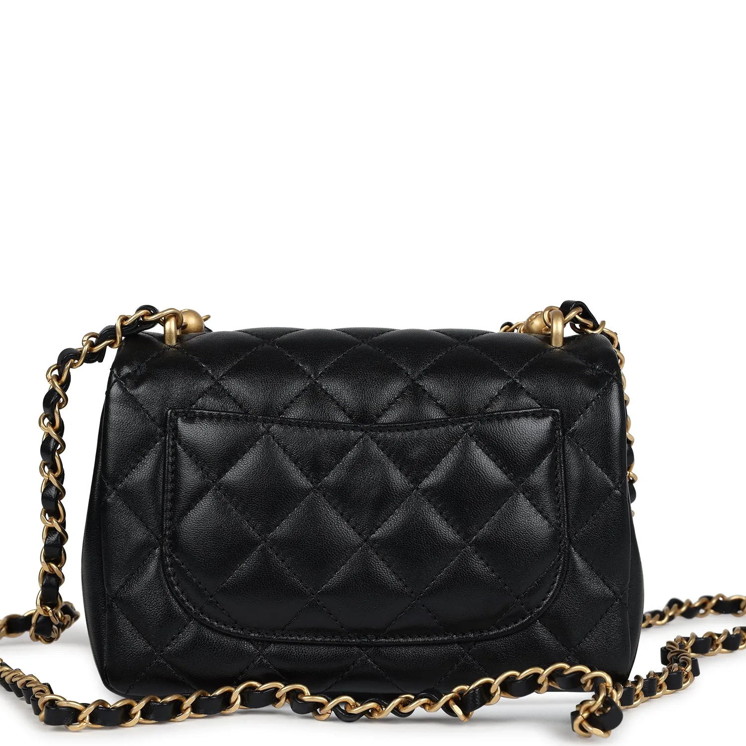 Chanel Mini Square Pearl Flap Bag Black Lambskin Brushed Gold Hardware