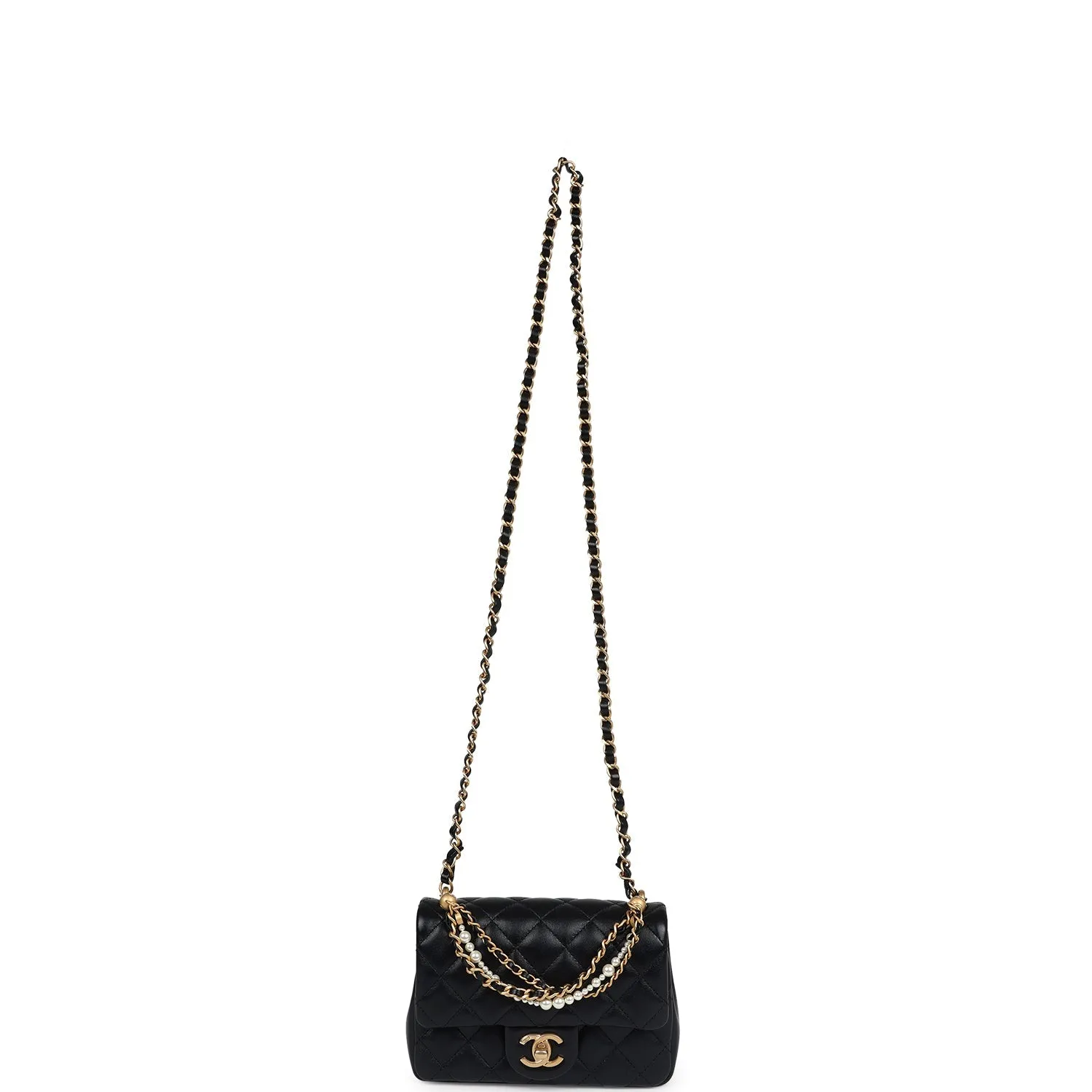 Chanel Mini Square Pearl Flap Bag Black Lambskin Brushed Gold Hardware