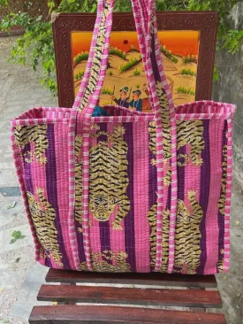 Cotton Purple Stripe Tiger Quilted Tote Bag