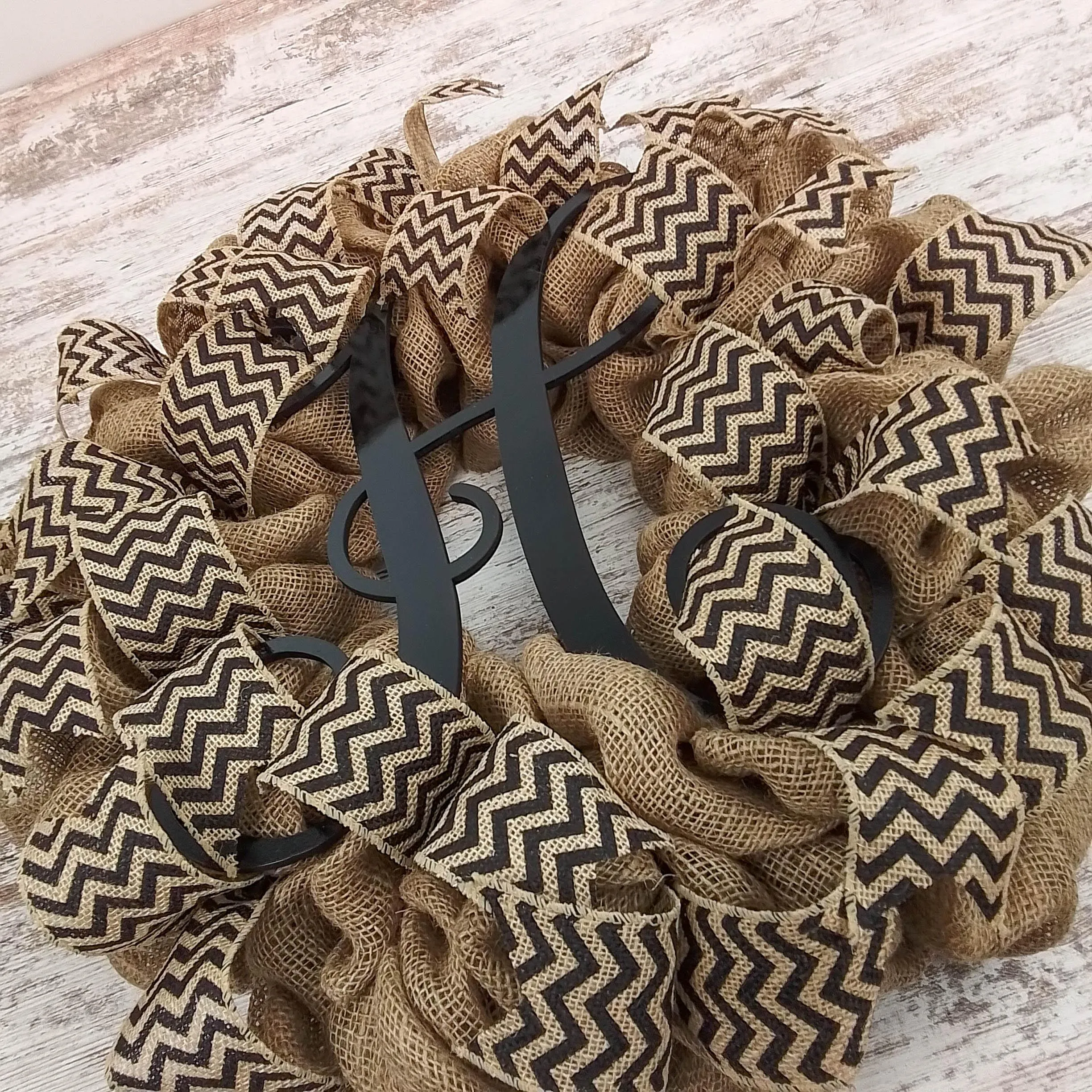 Customized Black Chevron Burlap Monogram Wreath