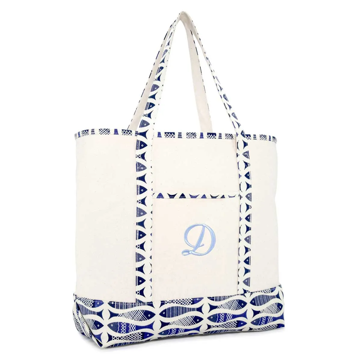 Dalix Personalized Shopping Tote Bag Monogram Initial Zippered Letter A-Z Fish