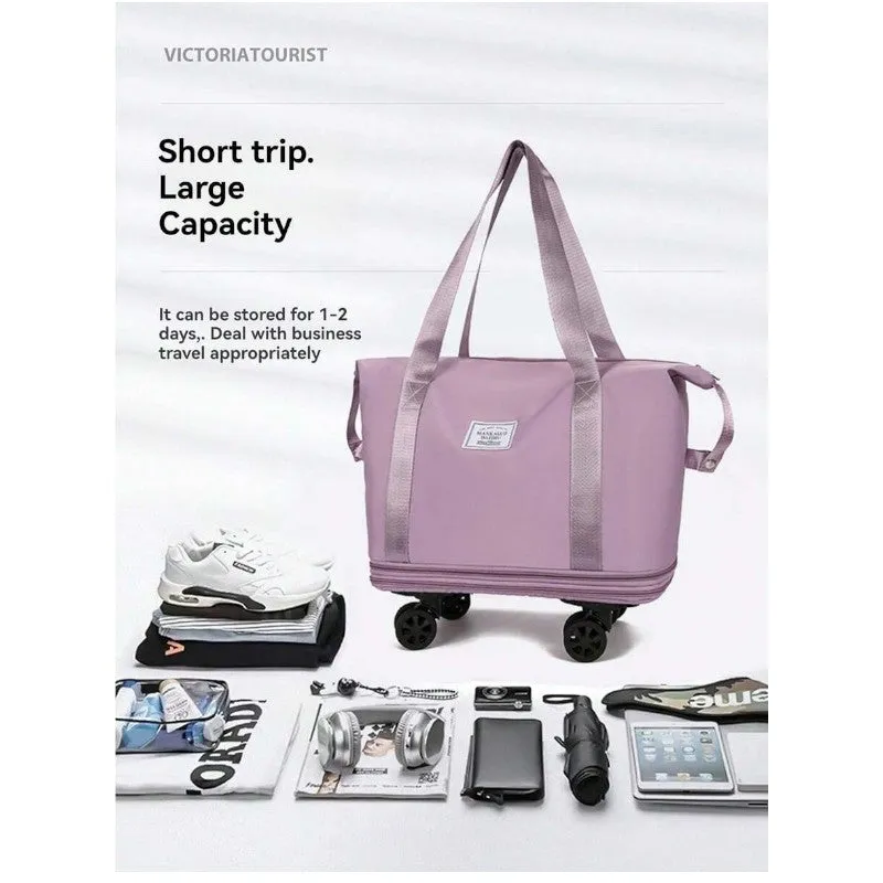 Expandable foldable duffel bag suitcase with Removable Wheels L -Purple