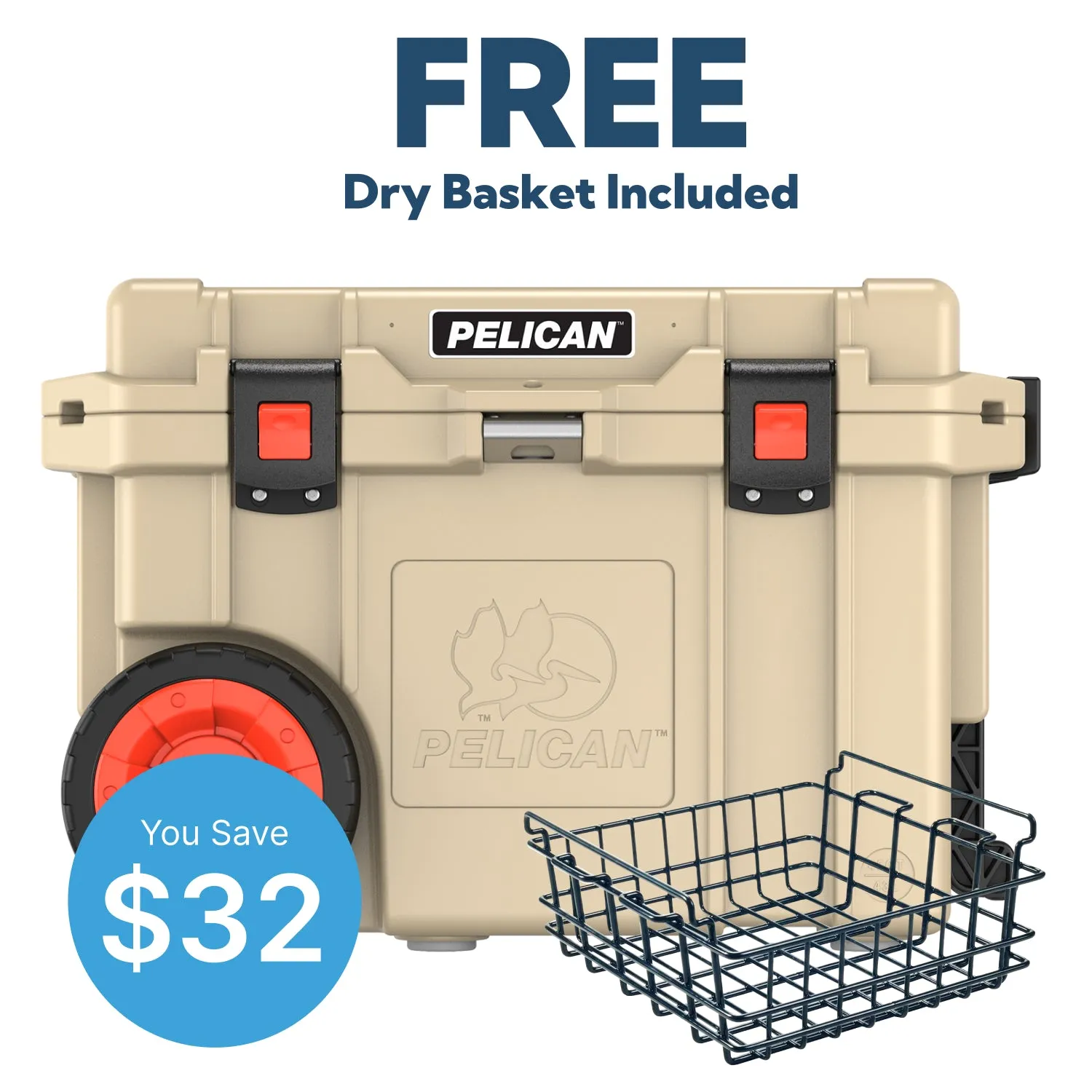 Pelican 45QT Elite Wheeled Cooler FREE Dry Basket