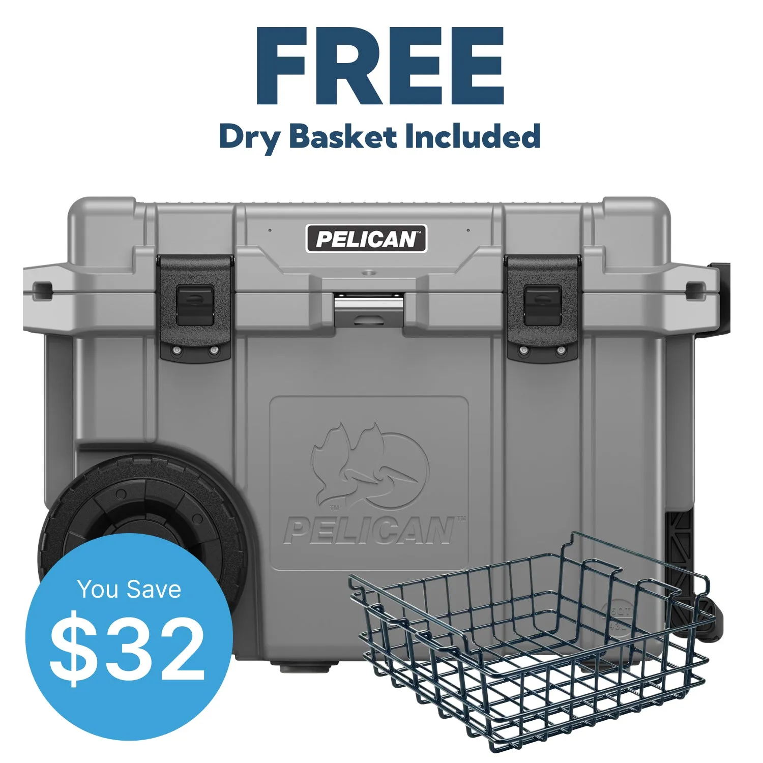 Pelican 45QT Elite Wheeled Cooler FREE Dry Basket