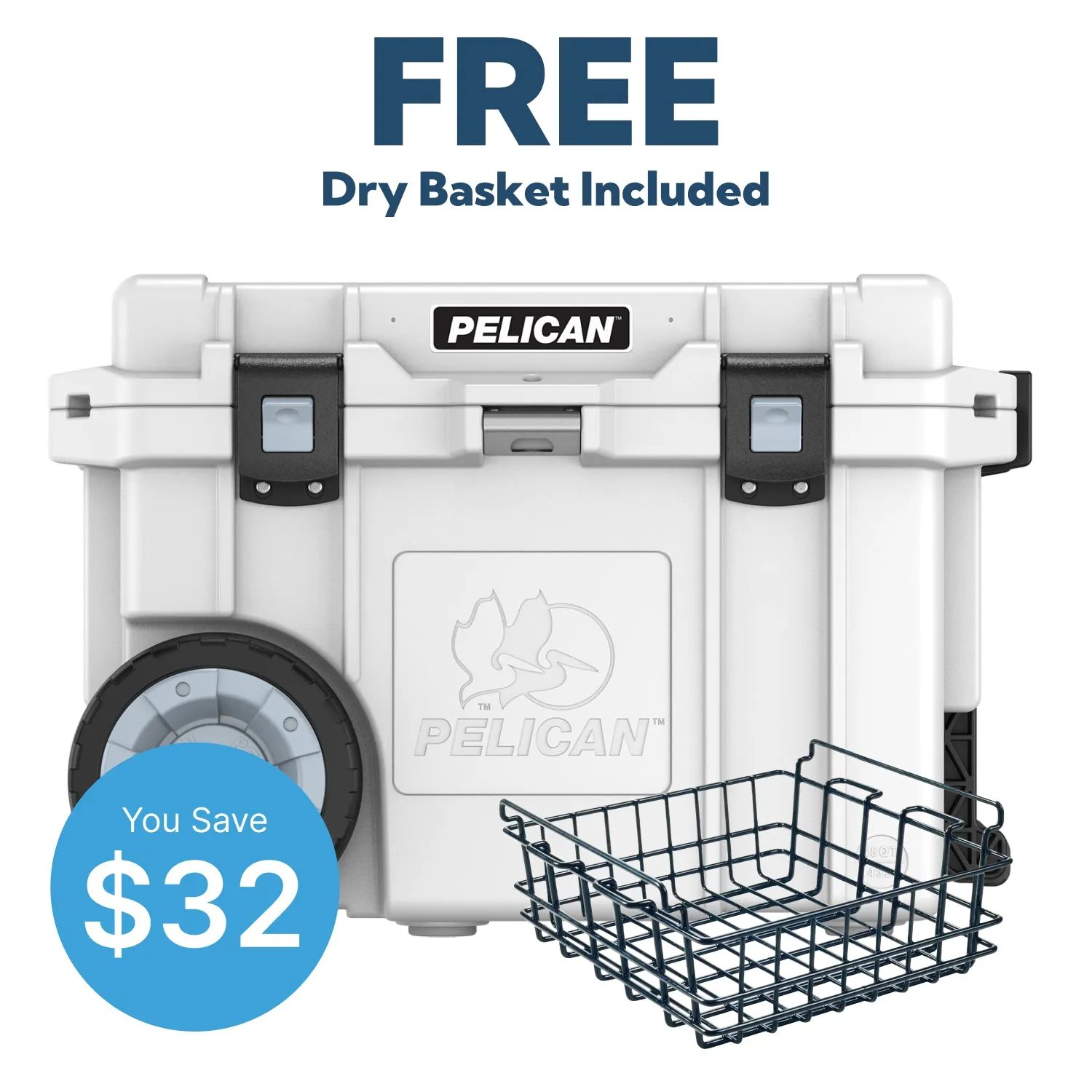 Pelican 45QT Elite Wheeled Cooler FREE Dry Basket