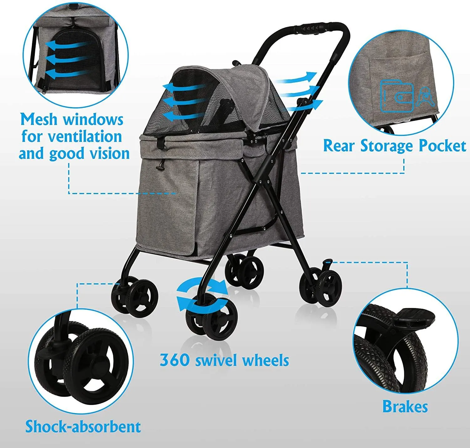 Pet Stroller Foldable for Medium Dogs Cats, with Four Wheels Storage Pocket Portable Steel Frame Jogging Travel Carrier Cage