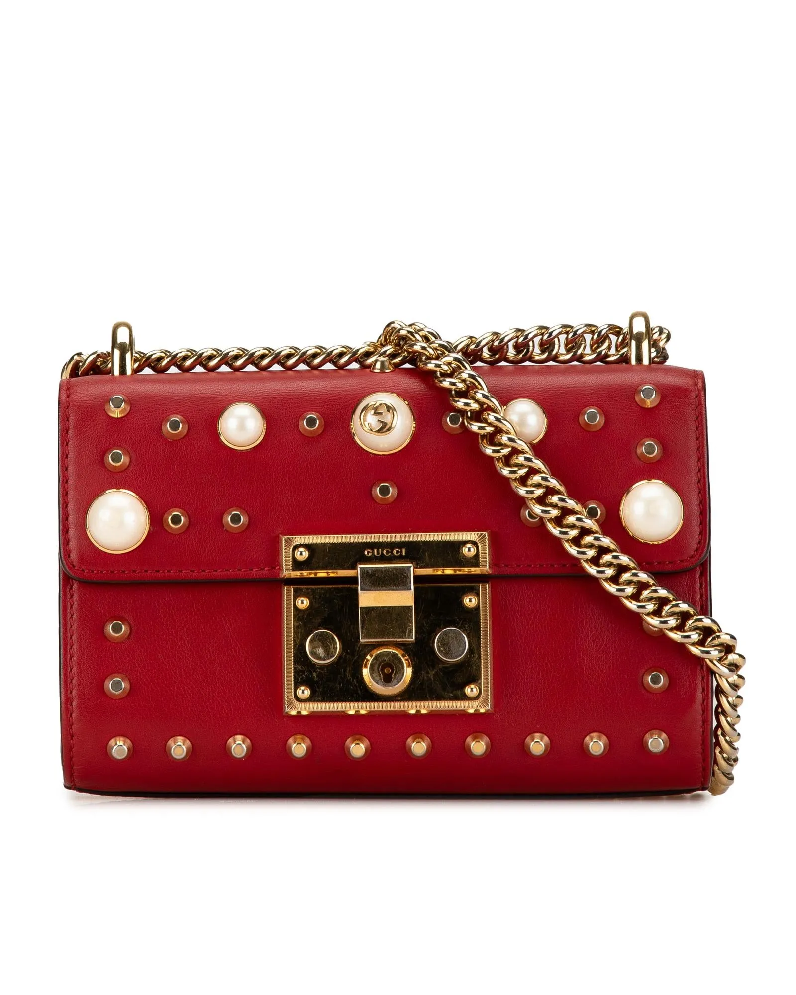 Small Pearl Studded Leather Padlock Crossbody Bag with Chain Strap